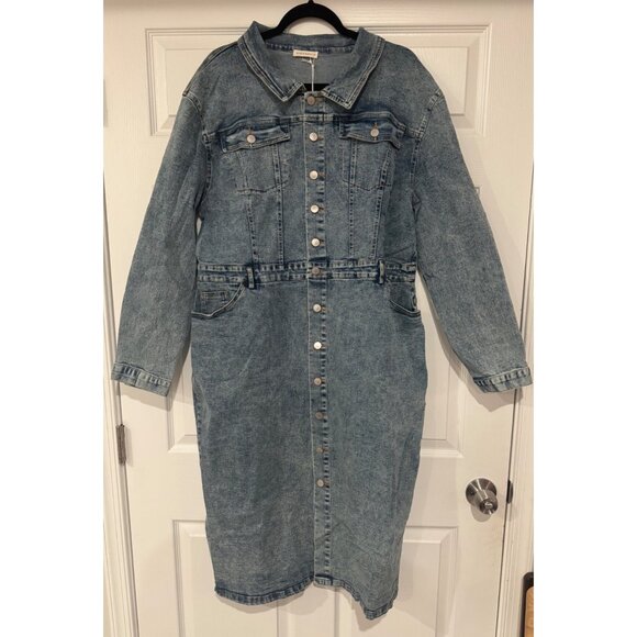 Denim Button Up Long Sleeve Midi Dress By Andthewhy California 2x - Picture 2 of 6